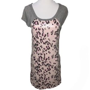 Bebe Pink Gray Leopard Print Sequin Casual Shirt Sleeve Shirt Dress